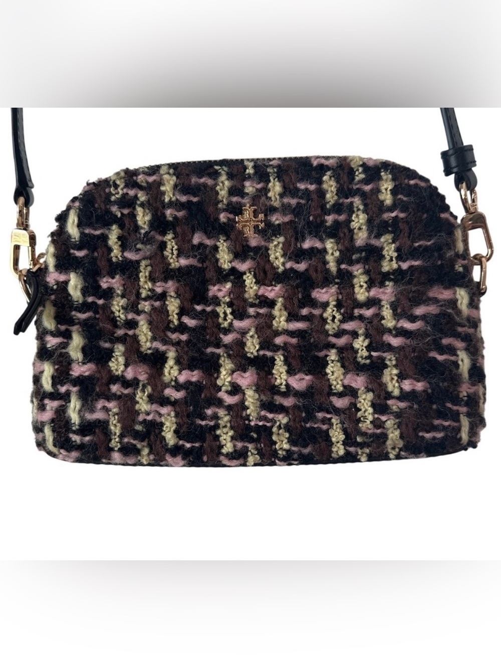 Tory Burch Kira Small Tweed Camera Bag Crossbody Black Pink Gold Logo